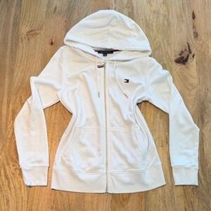 Tommy Hilfiger Womens White Full Zip Hoodie Sweatshirt Flag Logo Small